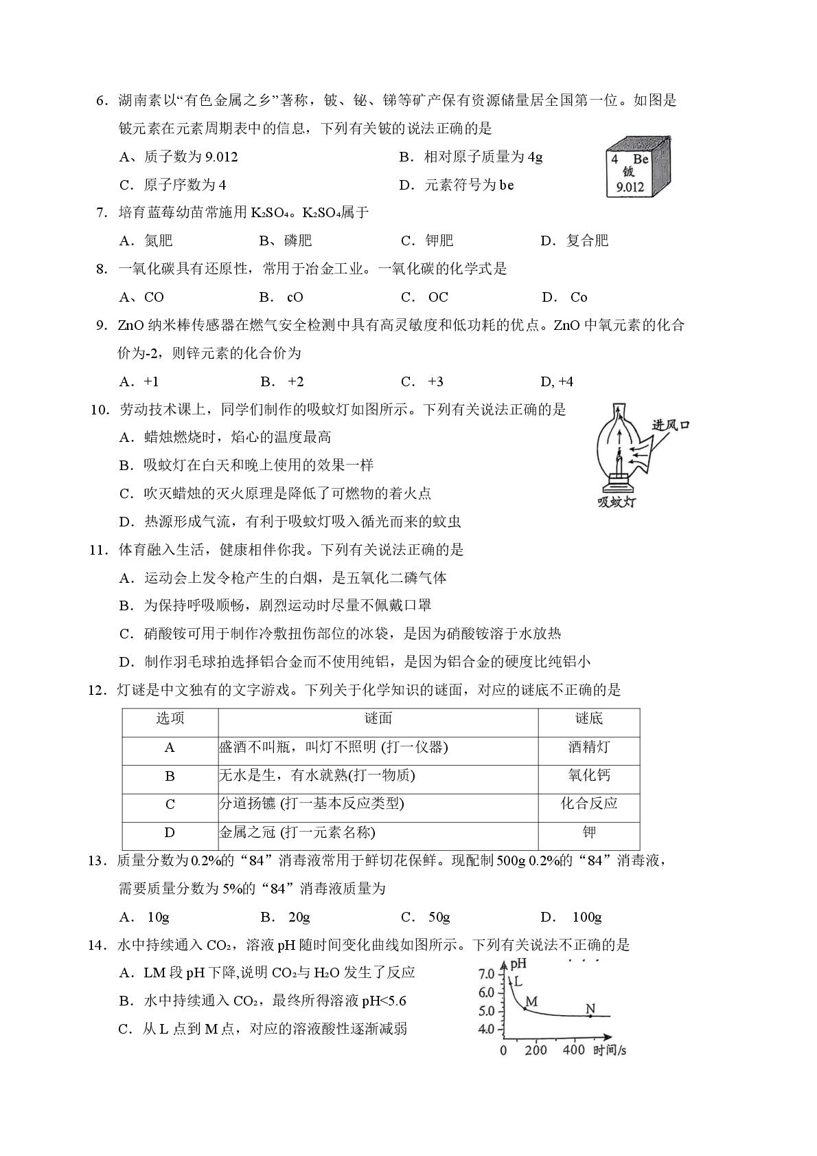 2026年湖南中考化学试题