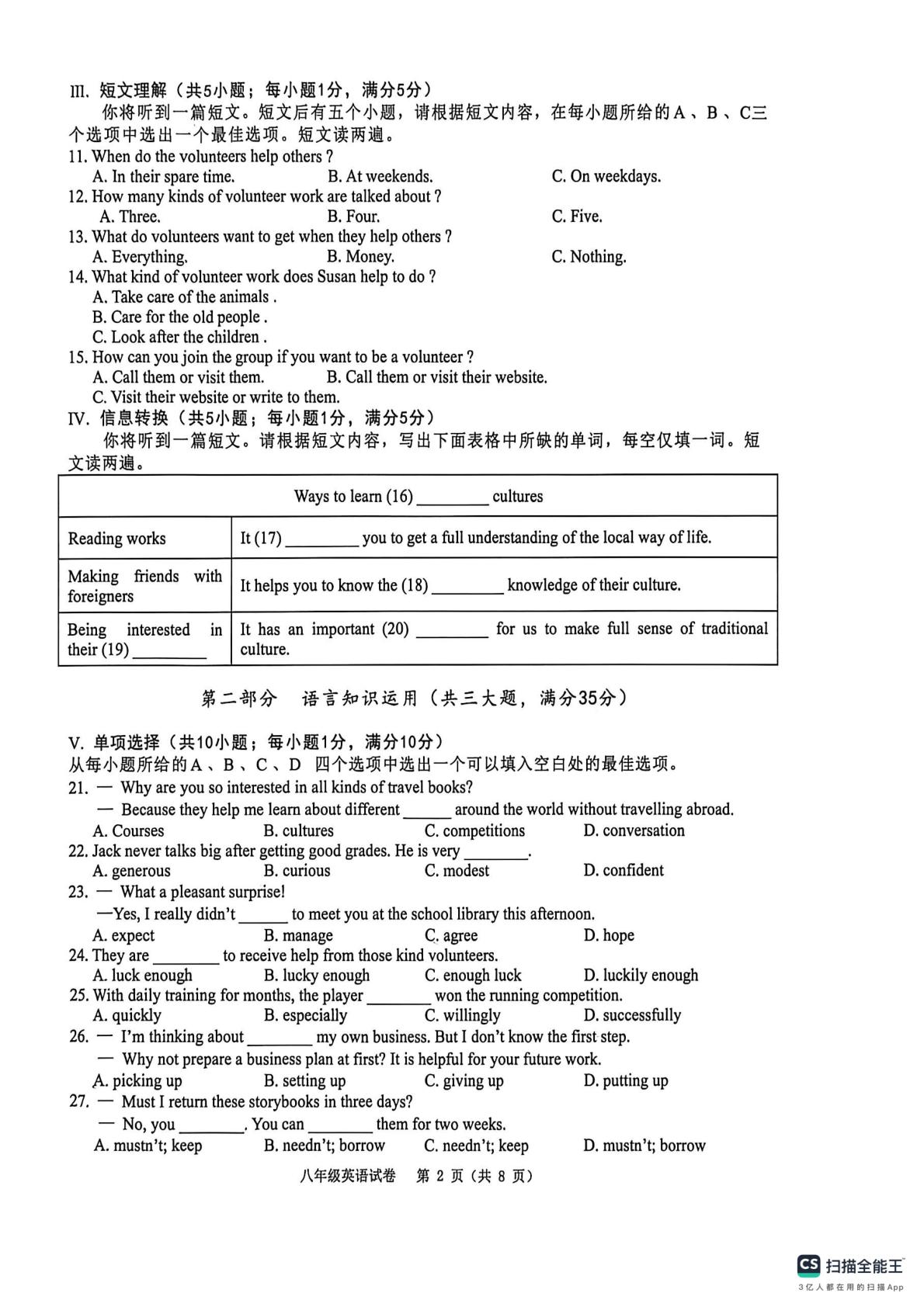 安徽芜湖市2025-2026学年八年级下学期6月期末英语试题