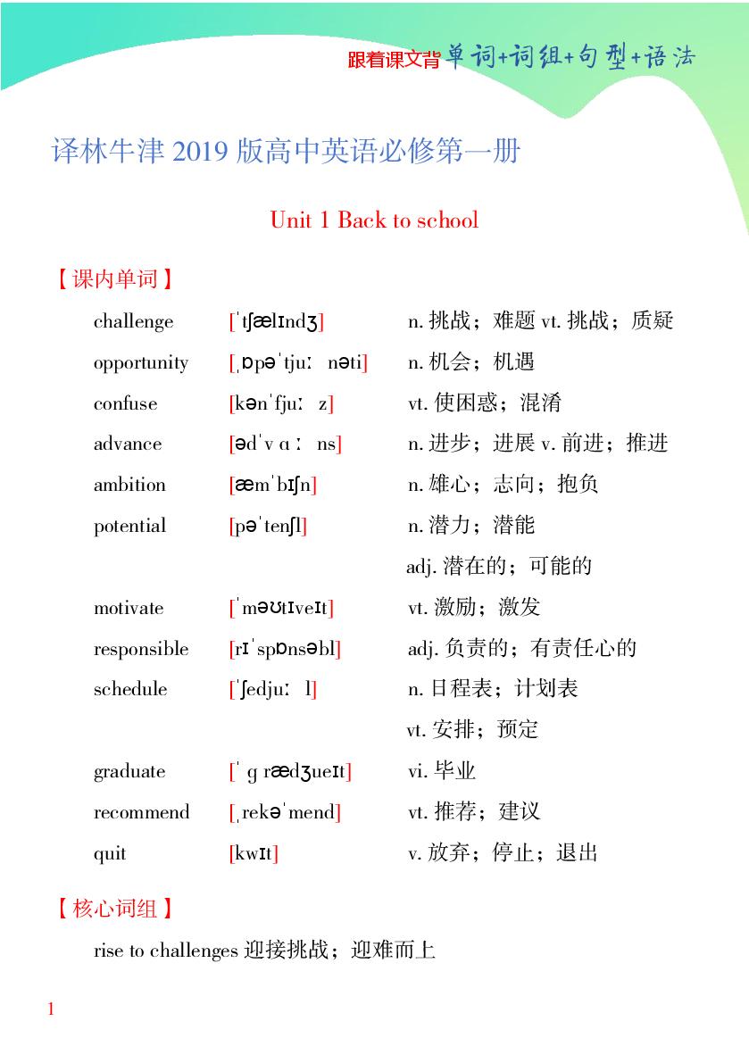 译林牛津版：必修1-3册-跟着课文背单词+词组+句型+语法丨高中英语