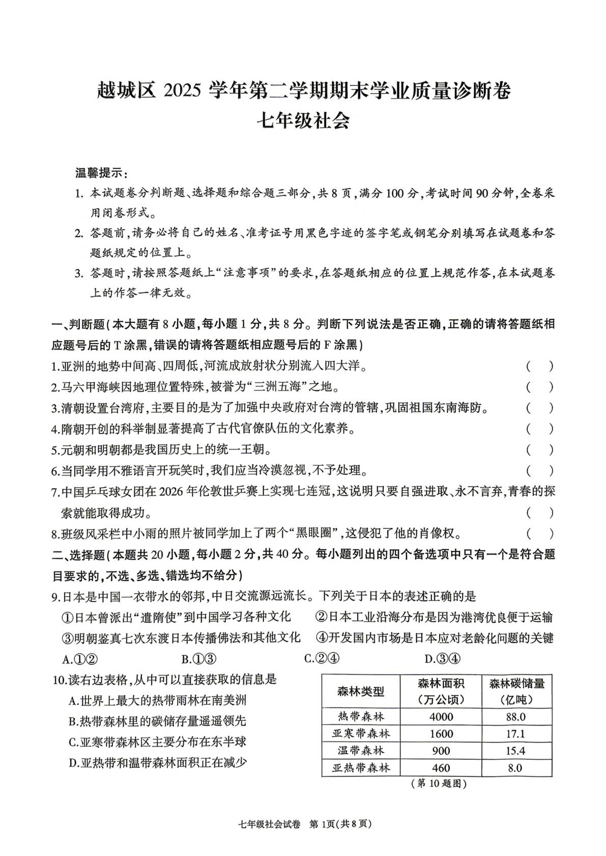 浙江绍兴市越城区2025-2026学年第二学期期末学业质量诊断卷七年级社会