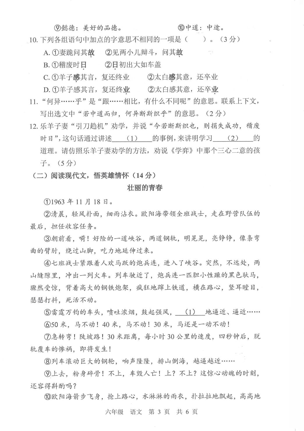 广东深圳市宝安区2025-2026学年第二学期小学期末测试卷六年级语文