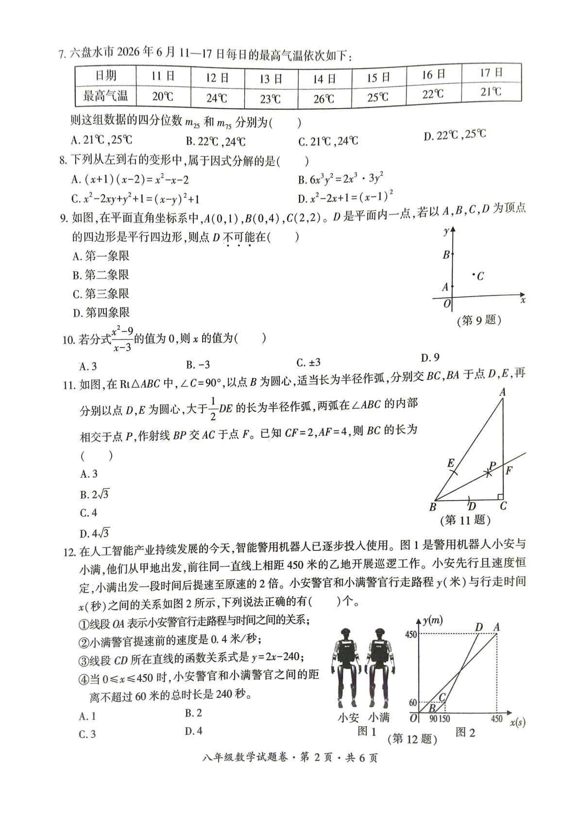 贵州省六盘水市2025-2026学年下学期八年级素养监测试题卷数学