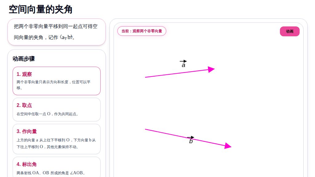 空间向量的夹角（交互动画）高二数学