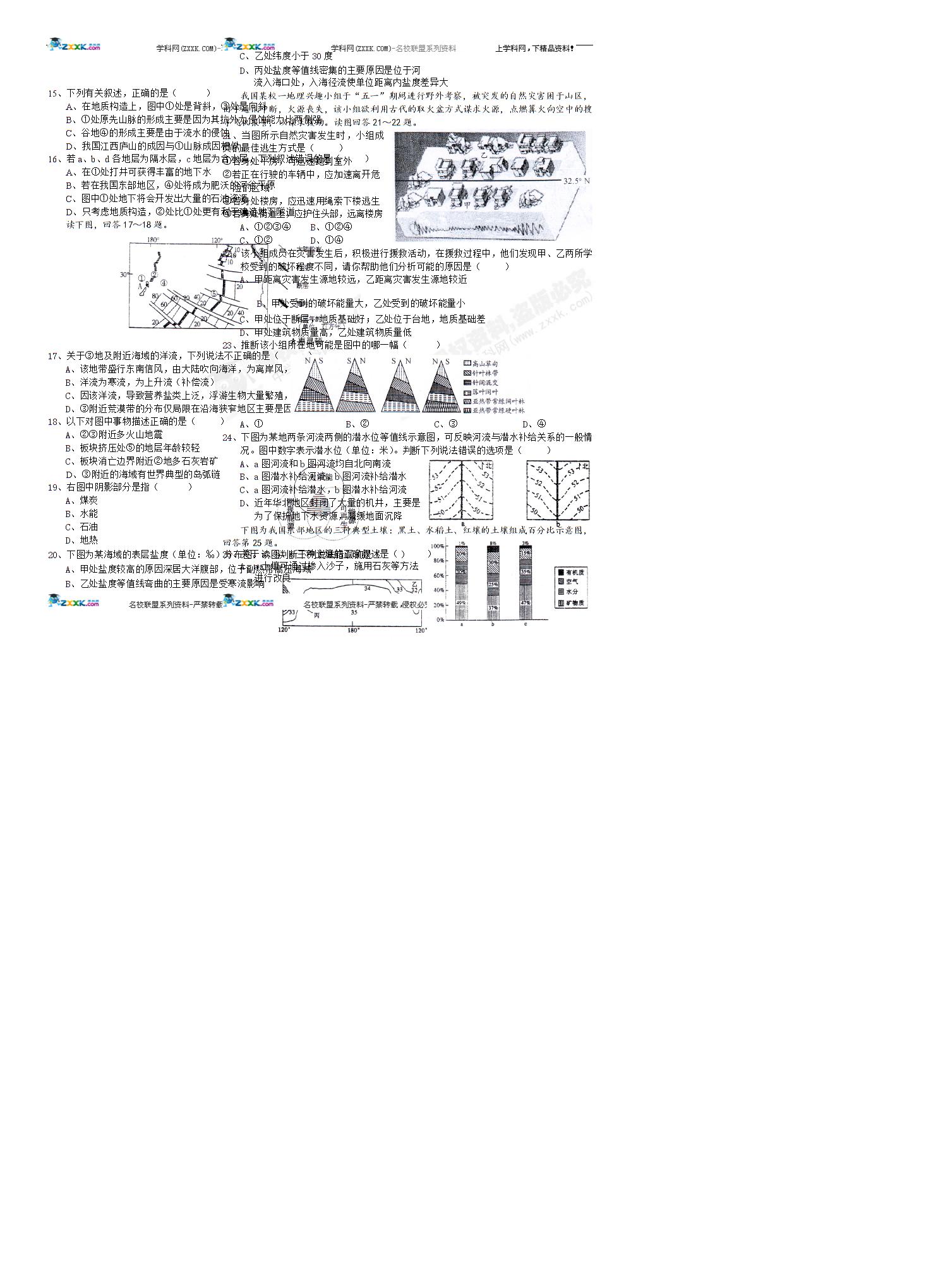 [名校联盟]湖北省沙市中学2008-2009学年下学期高一期中考试地理试题（无答案）
