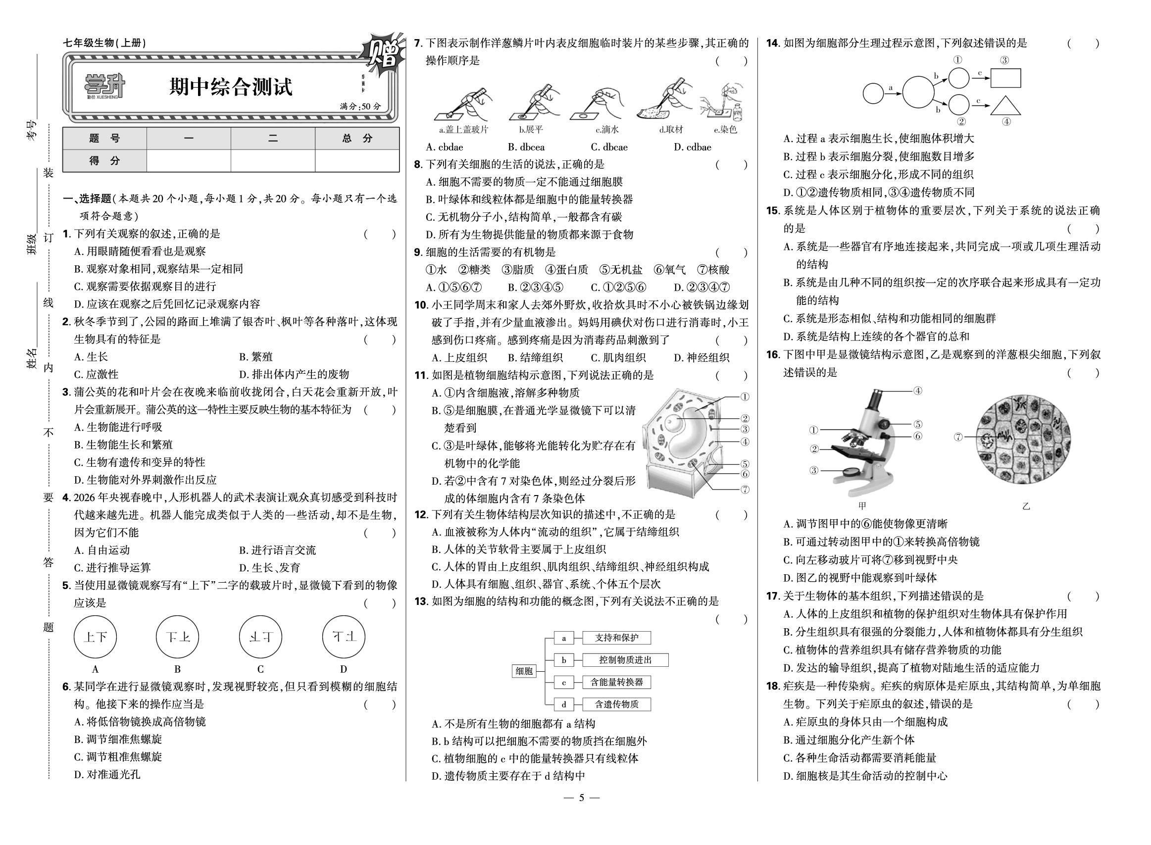 期中综合测试-【勤径学升】2026-2027学年七年级上册生物同步练测(人教版)